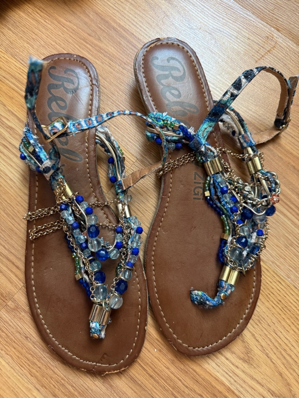 Boho Beaded T-Strap Sandals in Blue
